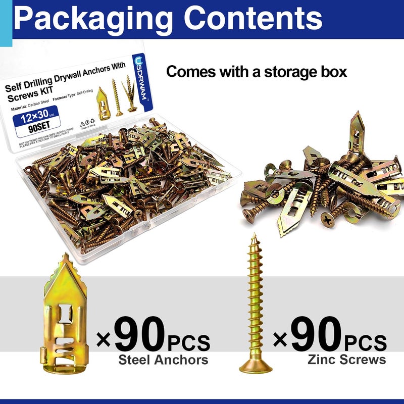 Usdrwam 180 PCS Self Drilling Drywall Anchors with Screws Kit, 0.47×1.18 Inch Metal Wall Anchors for Drywall Hanging, No Drill Needed - Image 2